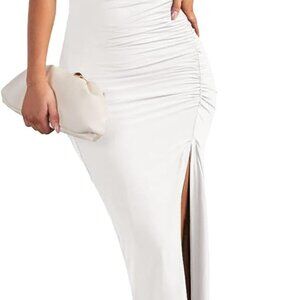 Women's Mock Neck Midi Dress Bodycon Ruched Side Slit Summer Wear